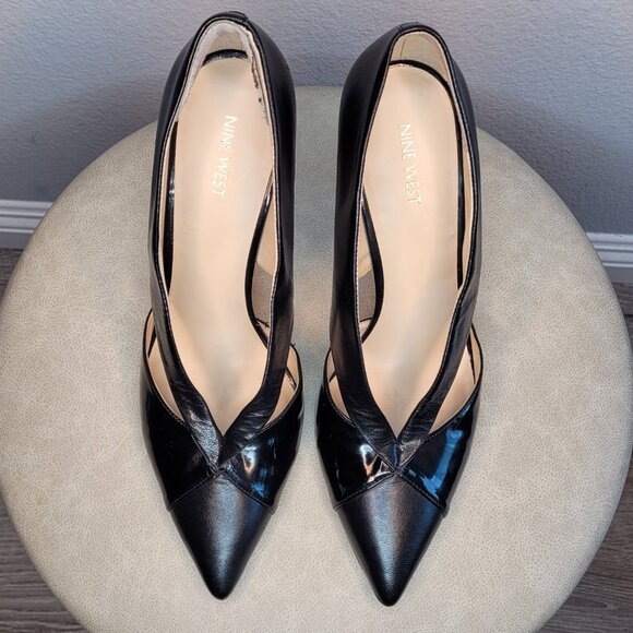 Nine West Black Leather Patent Cross Strap Pumps 12M Rare Elegant Stiletto Heels - Picture 2 of 10